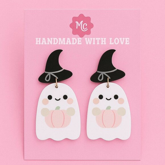 Cute Ghost Witch Earrings | Pastel Halloween Pumpkin Jewelry - Picture 3 of 4